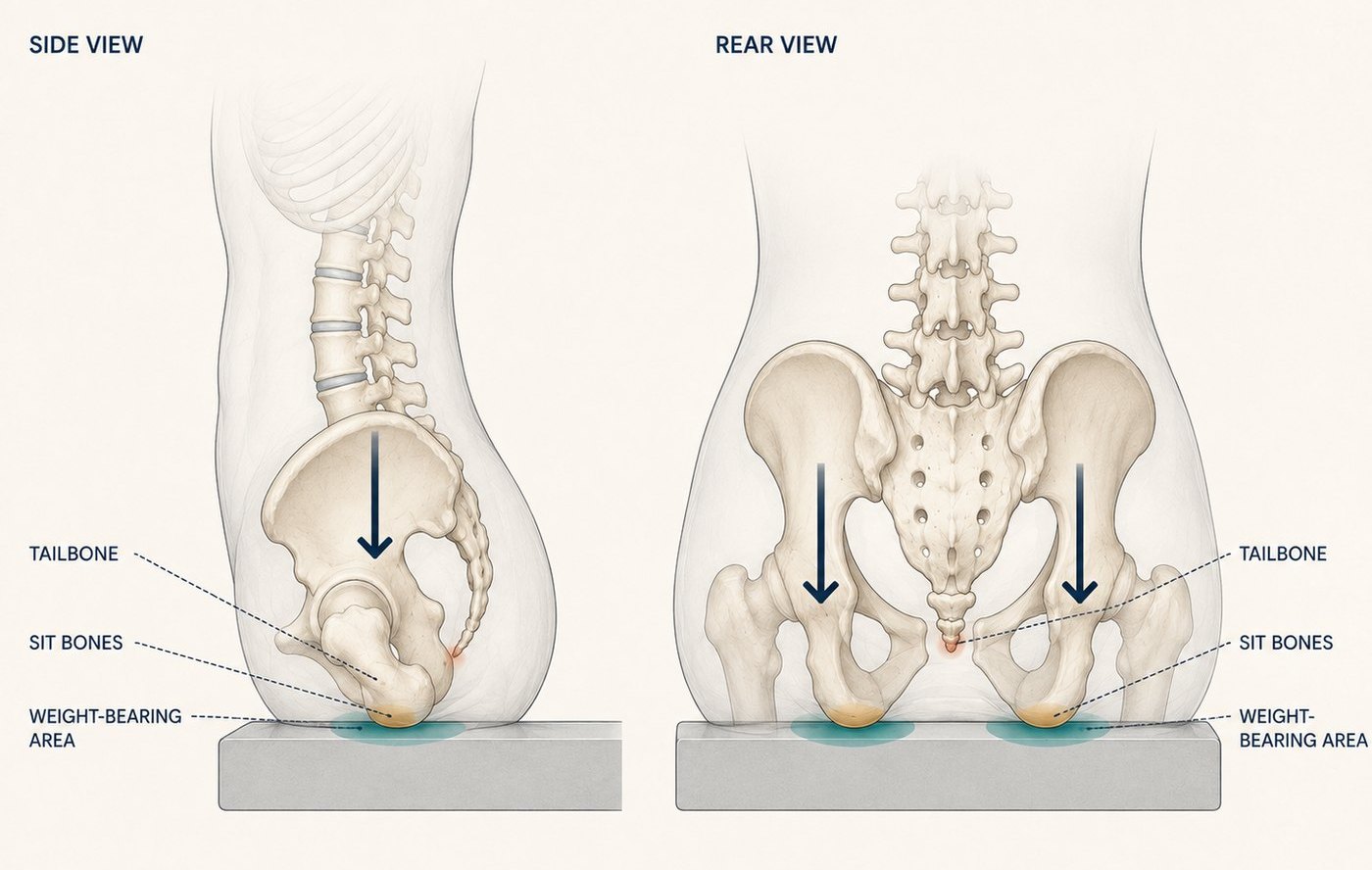 Where the sit bones and tailbone carry weight when seated