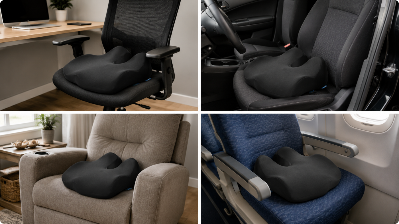 The Elevate Series in a desk chair, a car seat and a dining chair