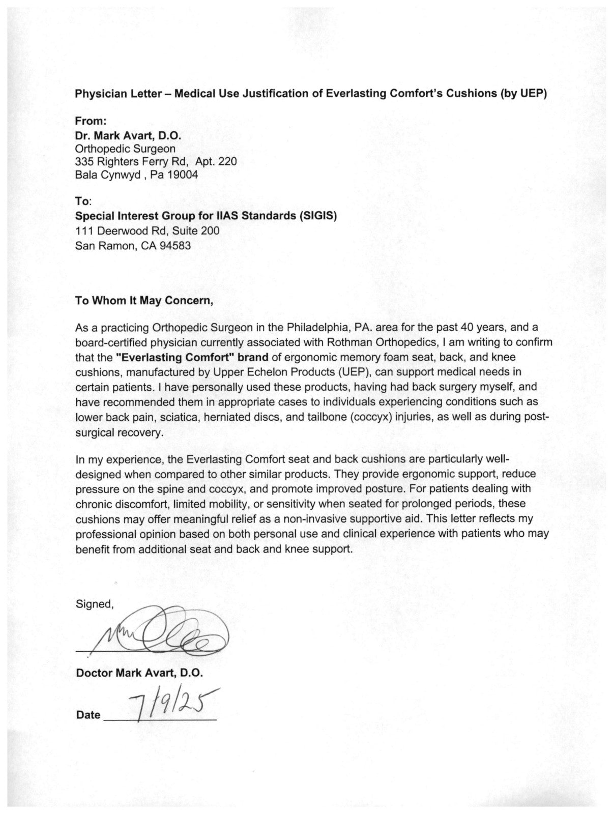 Doctor endorsement letter