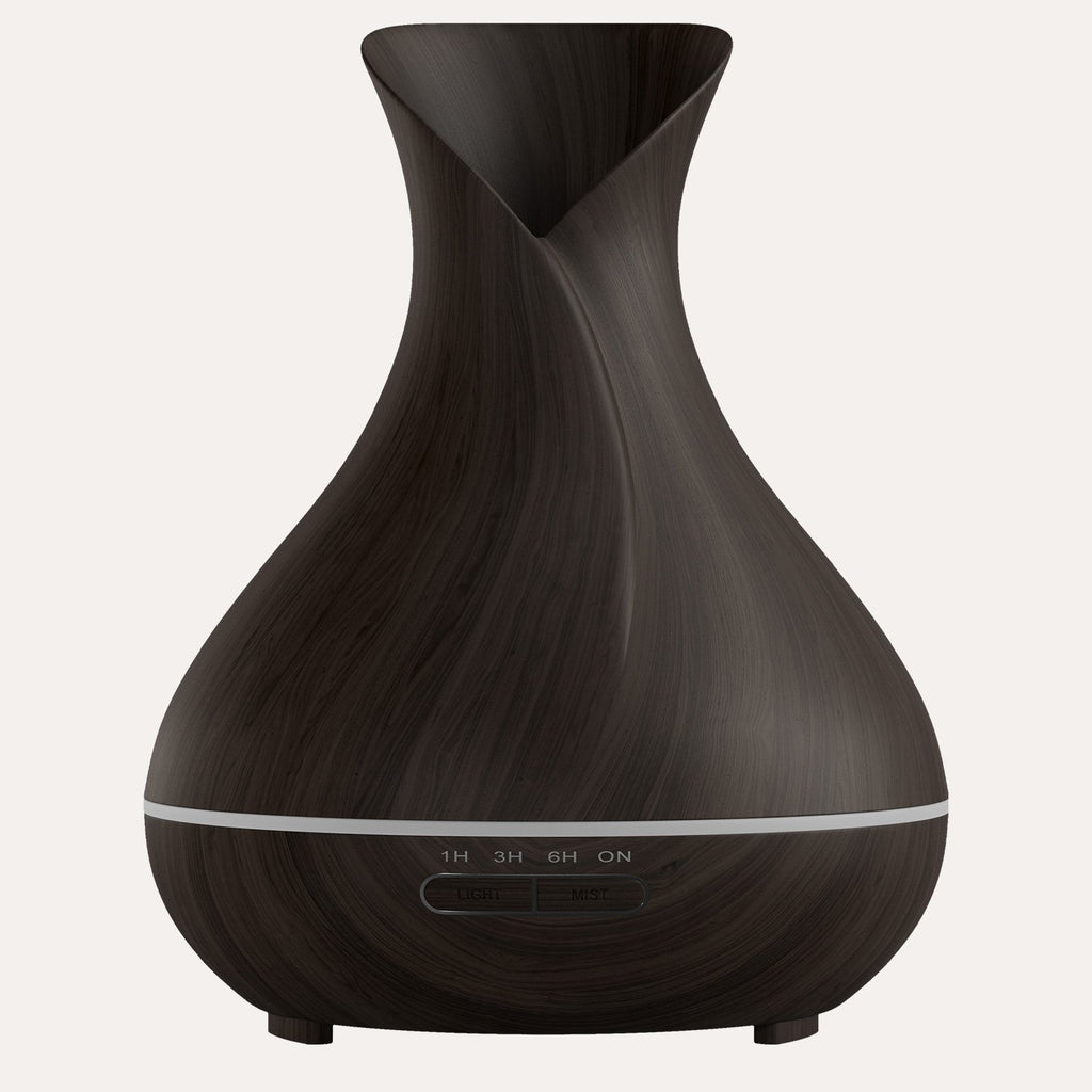 Aromatherapy Diffuser Controls: on, 1 hour, 3 hours, 6 hours, light, mist. 