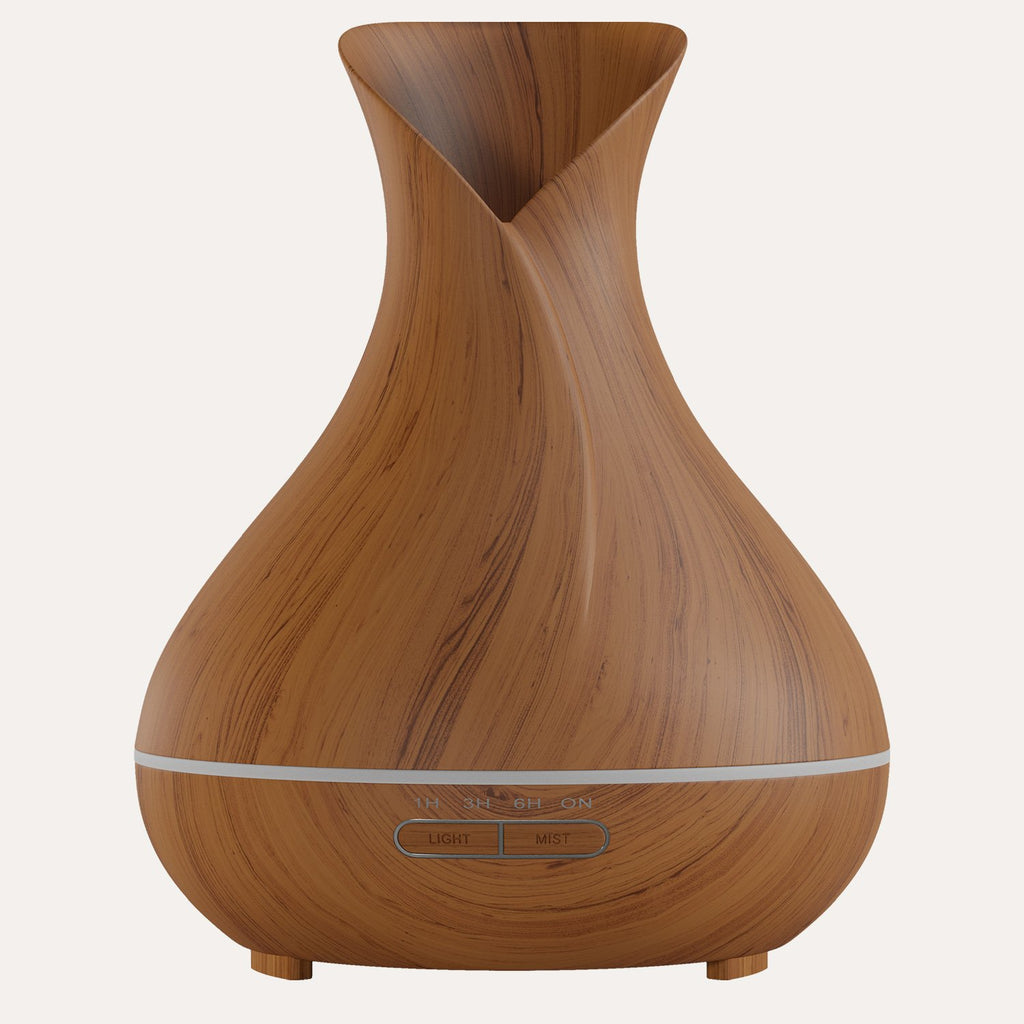 Aromatherapy Diffuser Controls: on, 1 hour, 3 hours, 6 hours, light, mist. 