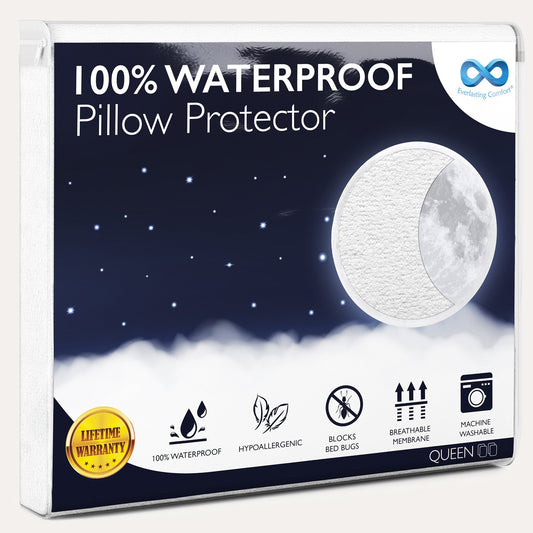 Queen: Everlasting Comfort 100% Waterproof Pillow Protector. 100% waterproof, hyper allergenic, blocks bed bugs,  breathable membrane, machine washable: lifetime warranty 