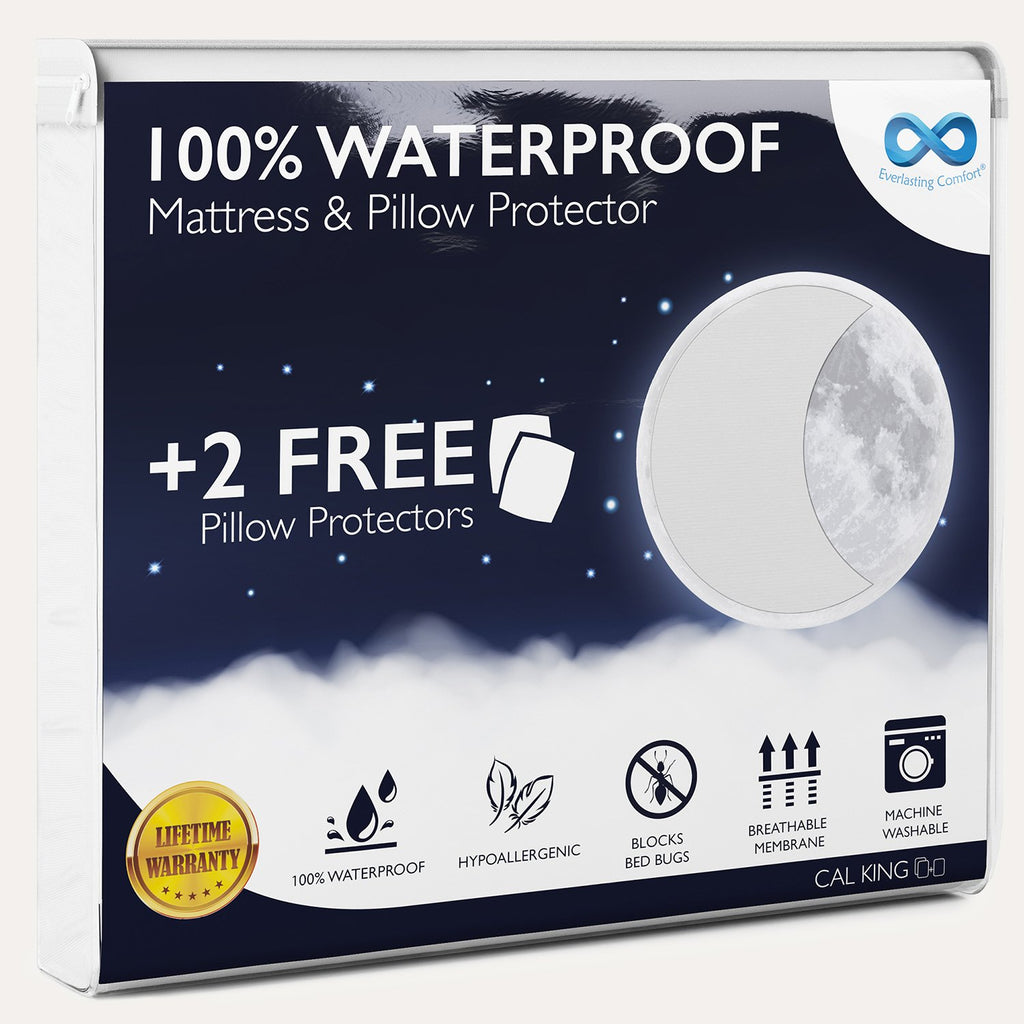 California King: Everlasting Comfort Hypoallergenic Waterproof Mattress Protector. Comes with 2 free pillow protectors. 100% waterproof, hyper allergenic, blocks bed bugs,  breathable membrane, machine washable: lifetime warranty