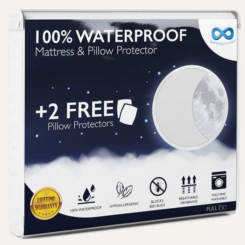 Full: Everlasting Comfort Hypoallergenic Waterproof Mattress Protector. Comes with 2 free pillow protectors. 100% waterproof, hyper allergenic, blocks bed bugs,  breathable membrane, machine washable: lifetime warranty